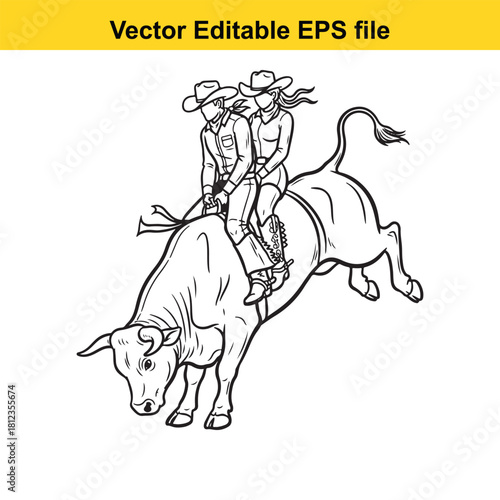Black and white line art vector illustration of a cowboy and cowgirl riding a bucking bull during a rodeo competition, isolated on