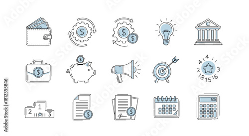 Set of business and finance icons isolated on collection of money, investment, banking, marketing and management symbols vector illustration