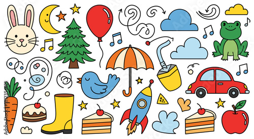Whimsical handdrawn doodle set featuring a rabbit, moon, stars, tree, balloon, swirls, clouds, frog, musical notes, umbrella, juice, car, and various treats isolated on