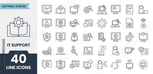 IT support line icons set with editable stroke. Contains icons related to installation, helpdesk, service, troubleshooting, problem solving and more. Vector illustration
