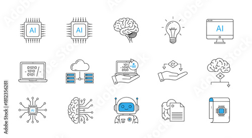 Collection of artificial intelligence icons isolated on set of ai, brain, cloud, chip, robot, laptop, light bulb, data, file, and computer symbols