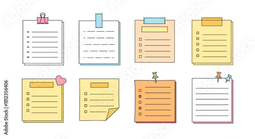 Collection of cute and colorful memo papers with various designs, perfect for adding a touch of whimsy to your notes and reminders isolated on