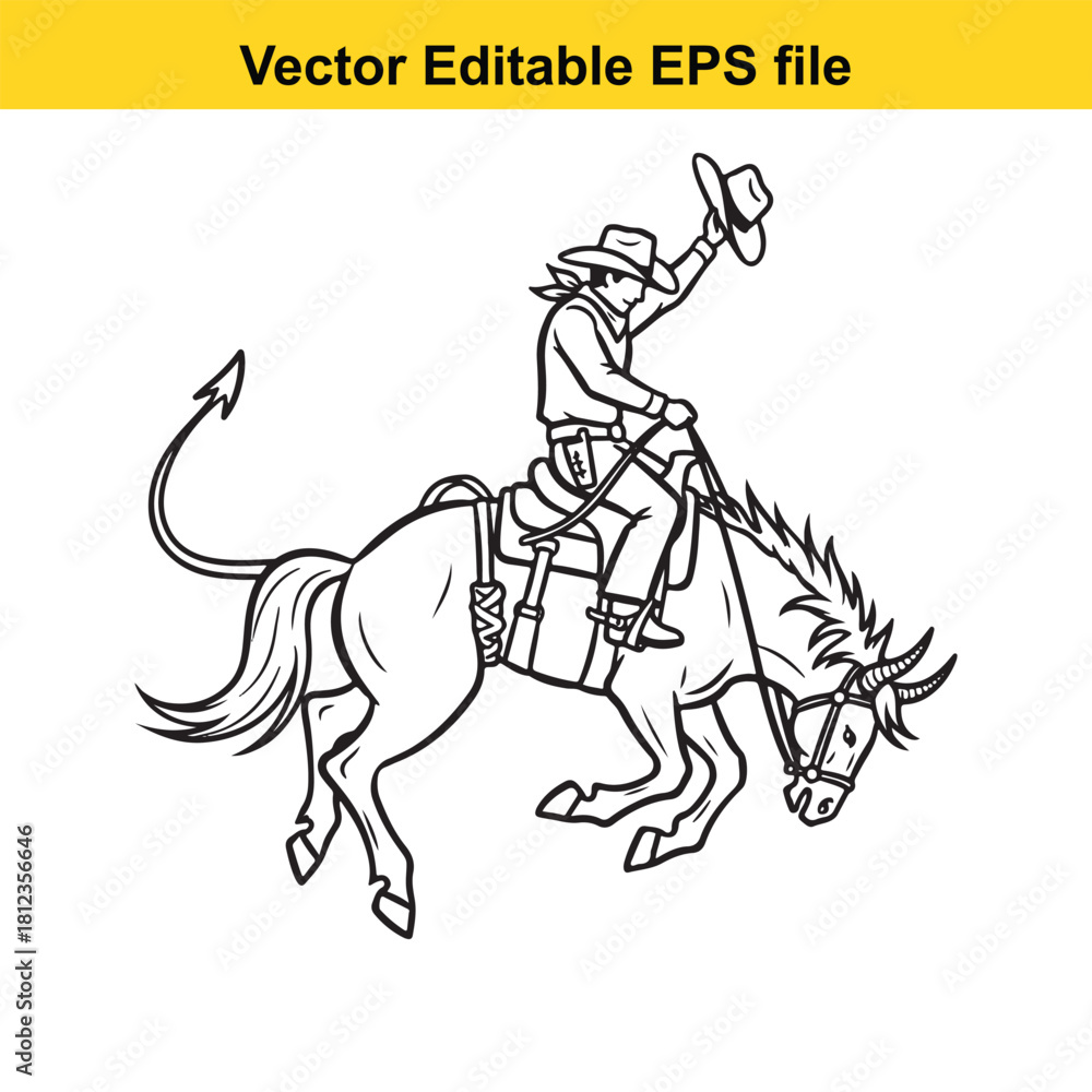 Obraz premium Black and white line art illustration of a cowboy riding a bucking bronco horse, isolated on