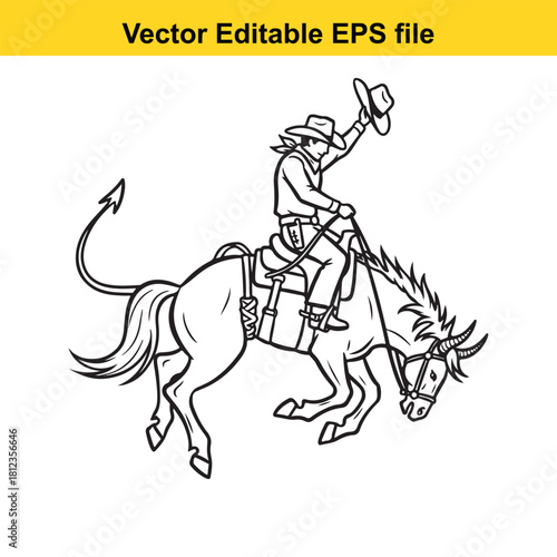 Black and white line art illustration of a cowboy riding a bucking bronco horse, isolated on