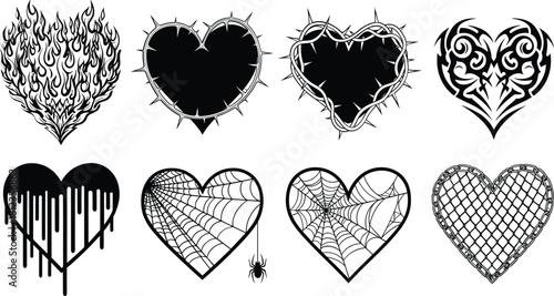 Collection of eight unique black and white gothic heart designs