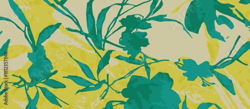 Abstract shawls, dupatta, scarfs design teal green floral silhouettes on a soft yellow and beige textured background