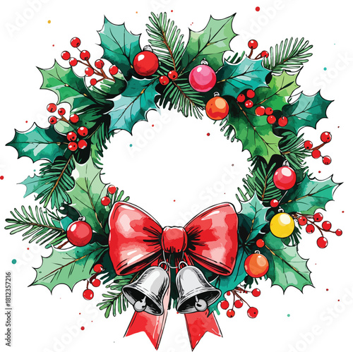 a wreath made of holly leaves and pine leaves with red berries big bow at the bottom center