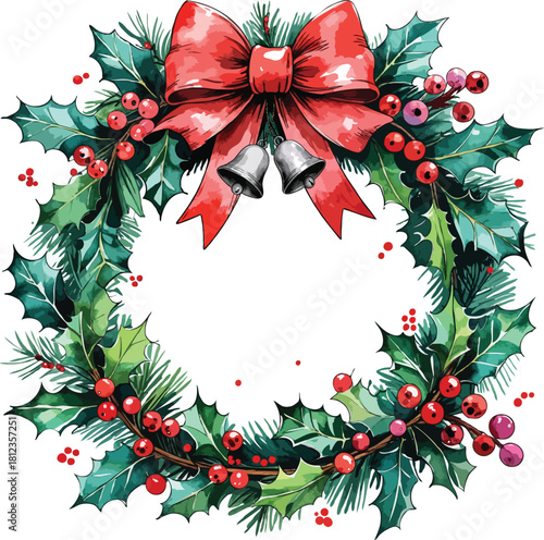 a wreath made of holly leaves and pine leaves with red berries big bow at the top center