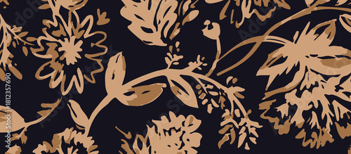 Elegant shawls, dupatta, scarfs design botanical floral pattern with abstract golden brush strokes on a deep navy blue background