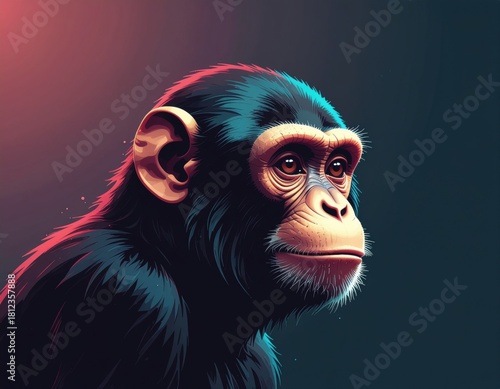 Wallpaper Mural A detailed illustration of a chimpanzee, showcasing its expressive face against a vibrant, dark background. Torontodigital.ca