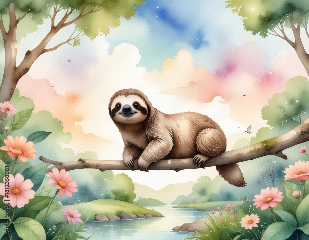 Obraz premium A charming illustration of a sloth resting on a branch, surrounded by vibrant flowers and a serene river landscape under a pastel sky.