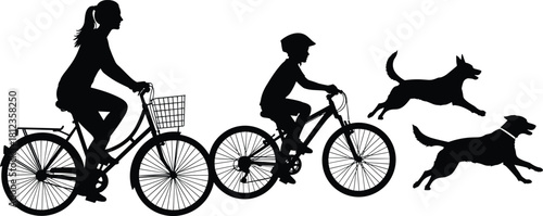 Family biking silhouette illustration, woman and child on bicycles with running dogs, outdoor activity vector art, cad drawing flat vector