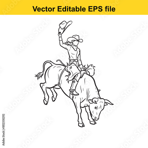 Black and white line art vector illustration of a cowboy riding a bucking bull in a rodeo competition, isolated on