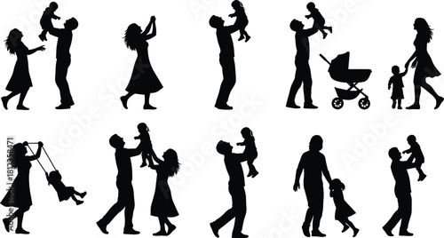 Parent and child silhouette illustration, playful bonding moments, family interaction scenes, emotional connection vector art, cad drawing flat vector