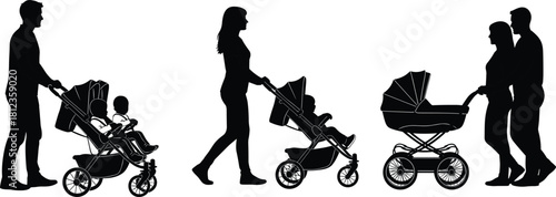 Stroller silhouette illustration, adults pushing children in prams and buggies, parenting and family outing vector art, cad drawing flat vector