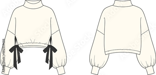 Balloon sleeve top technical sketch, high neckline, ribbon tie waist detail, fashion CAD illustration, garment template, cad drawing flat vector