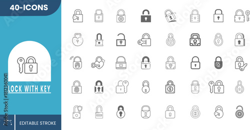 40 Lock with Key Icons Set – Editable Vector for Data Protection, Secure Login, Privacy Control, and User Interface Design.