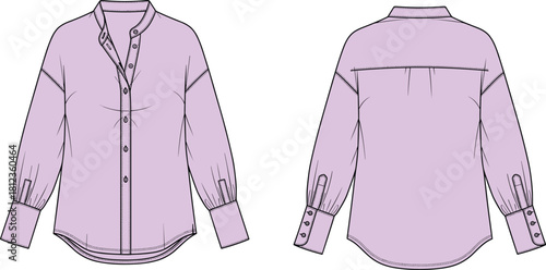 Women's blouse technical sketch, V-neck button placket, gathered sleeve cuffs, curved hem design, fashion CAD illustration, apparel template, cad drawing flat vector