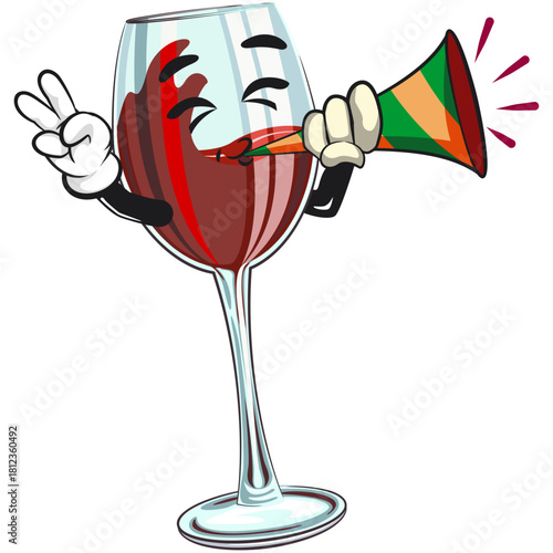 cute red wine glass mascot character blow the party horn trumpet, funny cartoon vector illustration, work of hand drawn