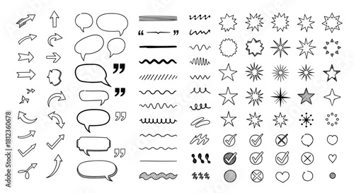 Hand drawn doodle elements isolated on arrows, speech bubbles, underlines, stars, check marks, hearts, circles, and other graphic symbols for design use