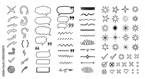 Hand drawn doodle elements isolated on arrows, speech bubbles, underlines, stars, check marks, hearts, circles, and other graphic symbols for design use