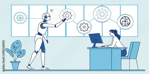 Business Productivity Assistant concept – AI assistant helping human productivity and business workflow organization – futuristic workplace with digital brain and smart automation icons