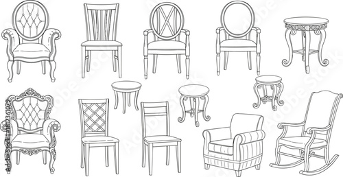 Set of Classic and Modern Furniture Outline Drawings Featuring Chairs, Armchairs, and Vintage Side Tables.