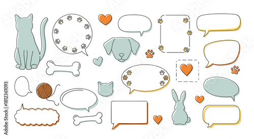 Cute animal doodle speech bubble set isolated on hand drawn cat, dog, rabbit, bone, paw print, heart, and yarn ball for message, frame, and decoration