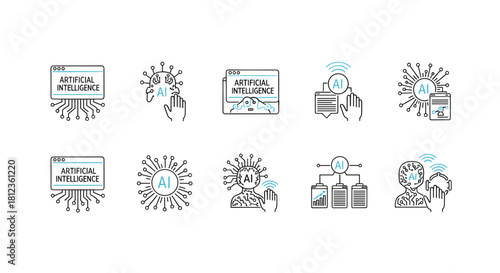 Artificial intelligence line icons set ai, machine learning, data science, smart technology outline symbols pack vector illustration isolated on