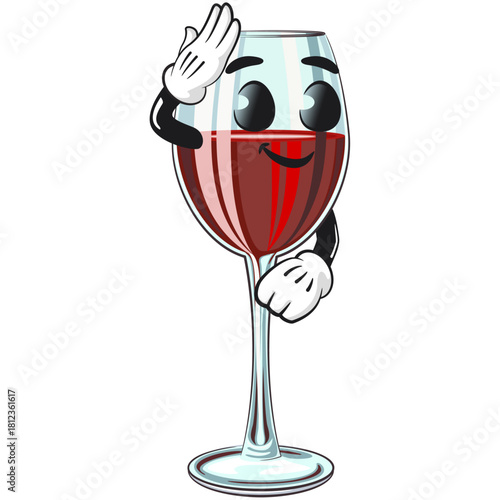 cute wine glass mascot character with red wine pay respect, fun cartoon drink vector illustration, work of hand drawn