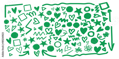 Whimsical green doodle shapes and hearts pattern EPS file