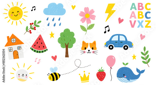 A delightful collection of handdrawn childrens illustrations isolated on, featuring a sun, cloud, house, watermelon, tree, cat, car, and more