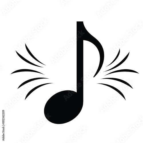 A simple black musical note illustration with radiating lines around it