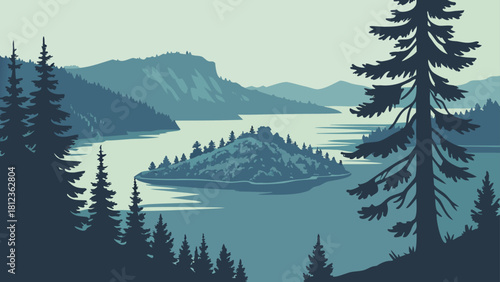 Crater Lake Deep Blue Water Island Minimal Aesthetic – Natural Heritage Rustic Americana Modern Outdoor Adventure Vector Design