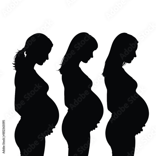 Silhouettes of three pregnant women showing stages of pregnancy progression