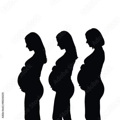 Silhouettes of three pregnant women showing stages of pregnancy progression