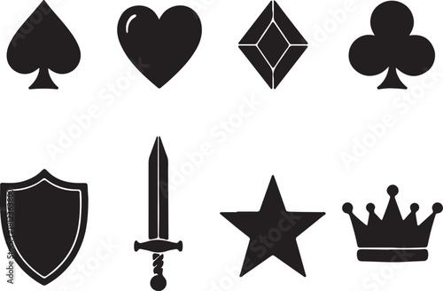 Black silhouette icons of playing card suits and other symbols on a white background Keywords: playing card, suit, symbol, icon, spade, heart, diamond, club, shield, also transparent background