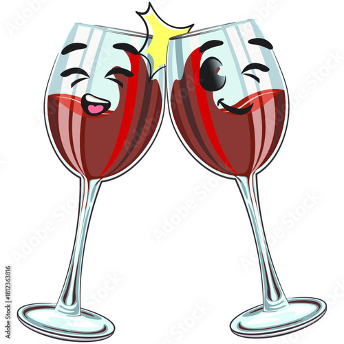 cute red wine glass mascot characters toss glass, funny cartoon vector illustration, work of hand drawn