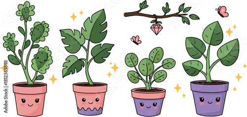 Cute cartoon houseplants in decorated pots with whimsical decorations and sparkling stars