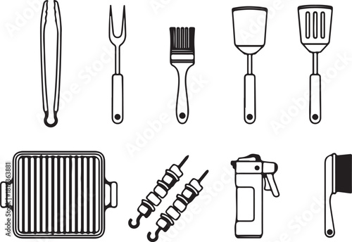 Collection of Barbecue Utensils and Grilling Accessories in Line Art Style Keywords: barbecue, grill, tongs, fork, brush, spatula, skewer, grill pan, spray bottle, also transparent background