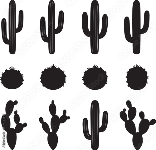 Collection of Black Silhouette Cactus Icons and Illustrations on White Background cacti desert also transparent background
