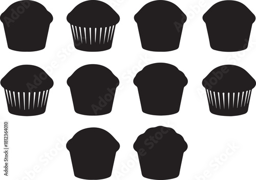 Silhouettes of Muffins and Cupcakes Keywords: muffin, cupcake, silhouette, black, white background, baking, dessert, sweet, pastry, cake, baked goods, food, treat, also transparent background