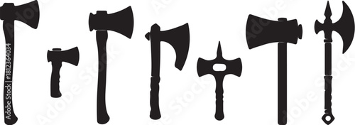 Silhouettes of Various Axes and Hammers Keywords: axe, hatchet, hammer, axe head, tool, weapon, silhouette, black, white background, chopping, woodcutting, medieval, also transparent background