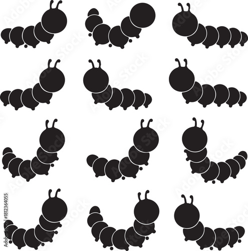 Twelve Black Silhouettes of Cartoon Caterpillars in Various Poses on a White Background Keywords: caterpillar, insect, bug, larva, segmented, body, antennae, legs, also transparent background