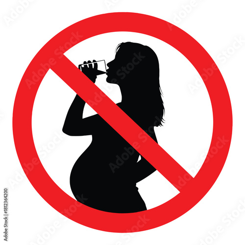 Prohibition symbol showing a silhouette of a pregnant woman drinking water