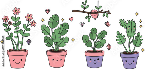 Whimsical hand drawn illustration of four potted plants with cute cartoon faces and small flying insects