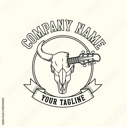 Vintage black and white logo design featuring a bull skull with a guitar neck, enclosed in a circle with a banner for tagline and company name.