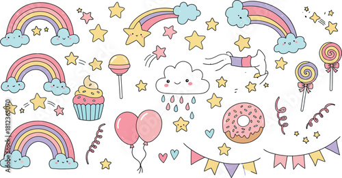 Whimsical hand drawn rainbows stars balloons and unicorns with clouds and bunting for a magical party or celebration