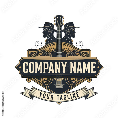 Ornate vintage logo for a country music brand featuring a central guitar flanked by two cowboys in hats.