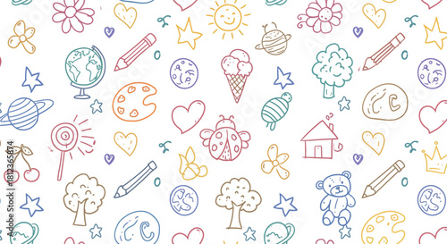 Whimsical hand drawn doodle pattern featuring colorful abstract shapes and objects on a white background